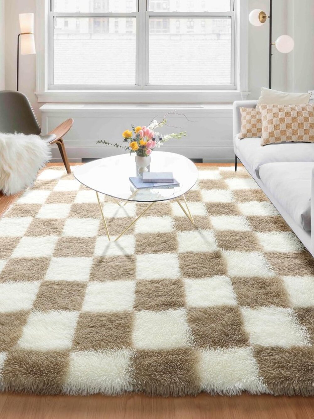 Rugs for Living Room, 5x8 Fluffy Soft Beige and Cream White Checkered Shag Area
